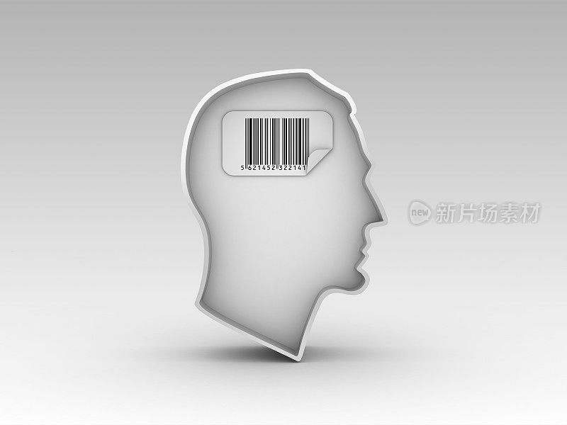人类头部形状与条形码标签- 3D渲染